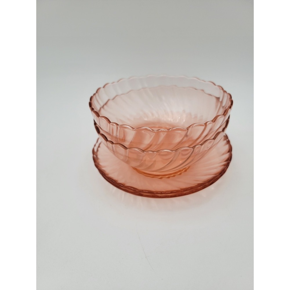 2‎ Vintage Arcoroc France Rosaline Pink Swirl Glass Berry Bowl & 2 Saucers